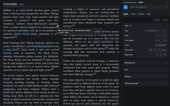 The Basic tab, picking a link in a Wikipedia article