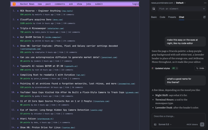 The Chat tab after asking for a forest theme with a readable serif font on Hacker News