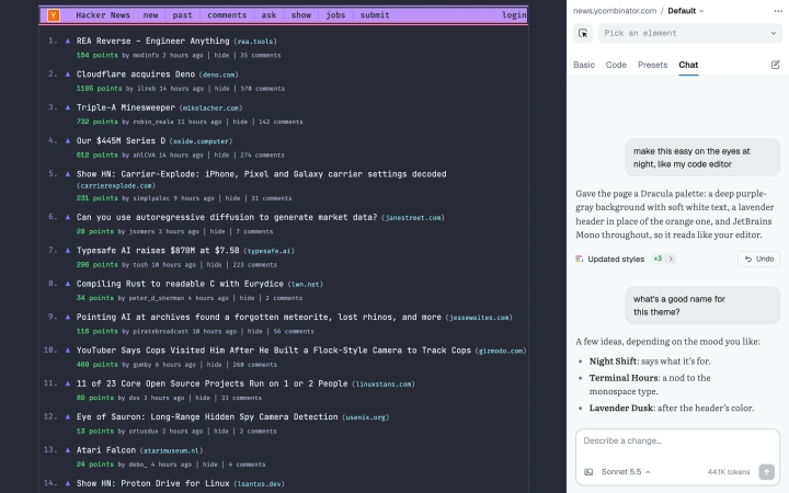 The Chat tab after asking for a forest theme with a readable serif font on Hacker News