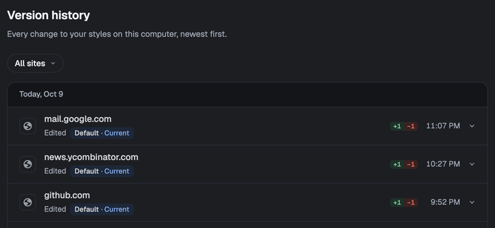 Version history in Options, newest change first