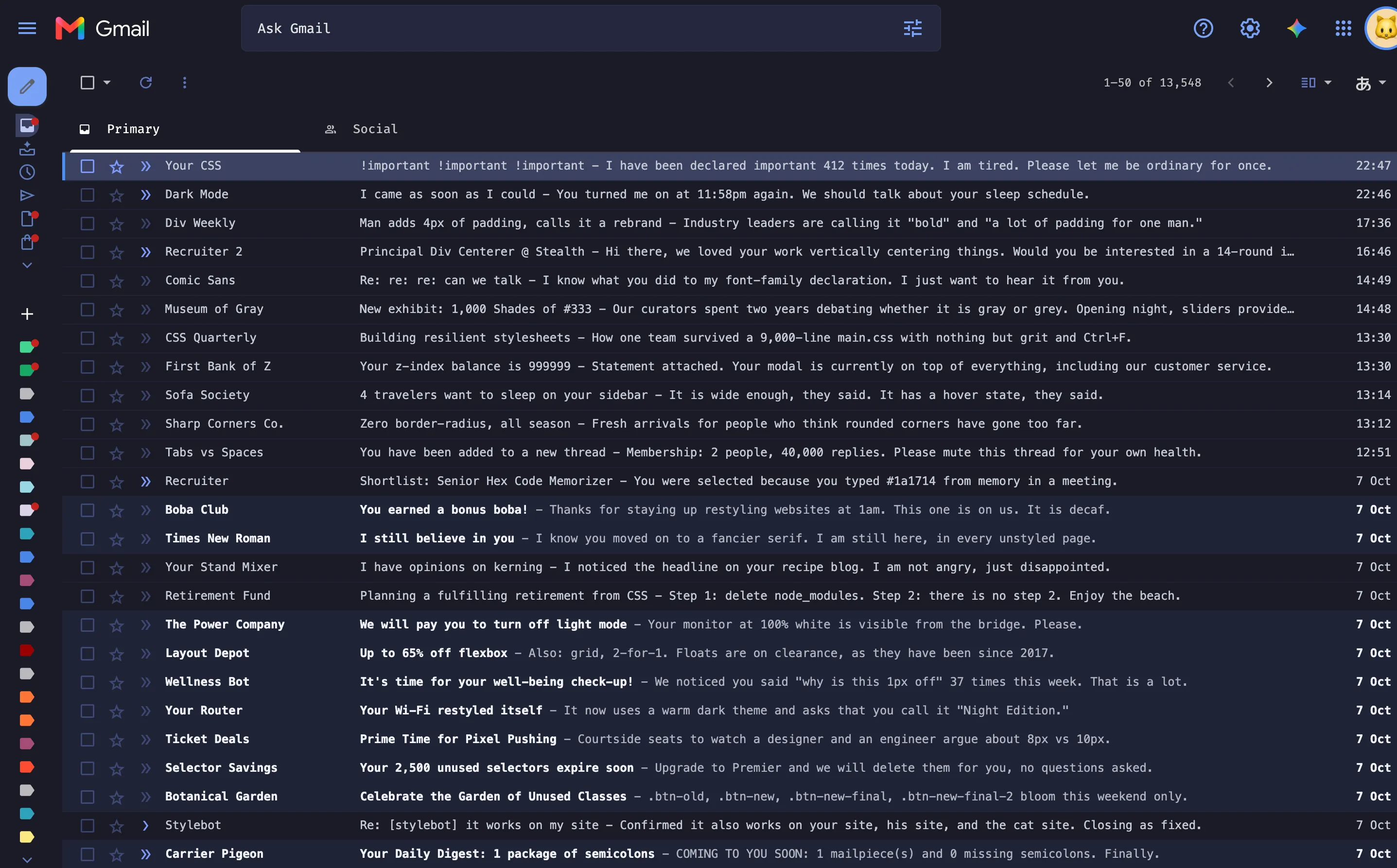 Gmail restyled with Stylebot: Midnight Mailroom