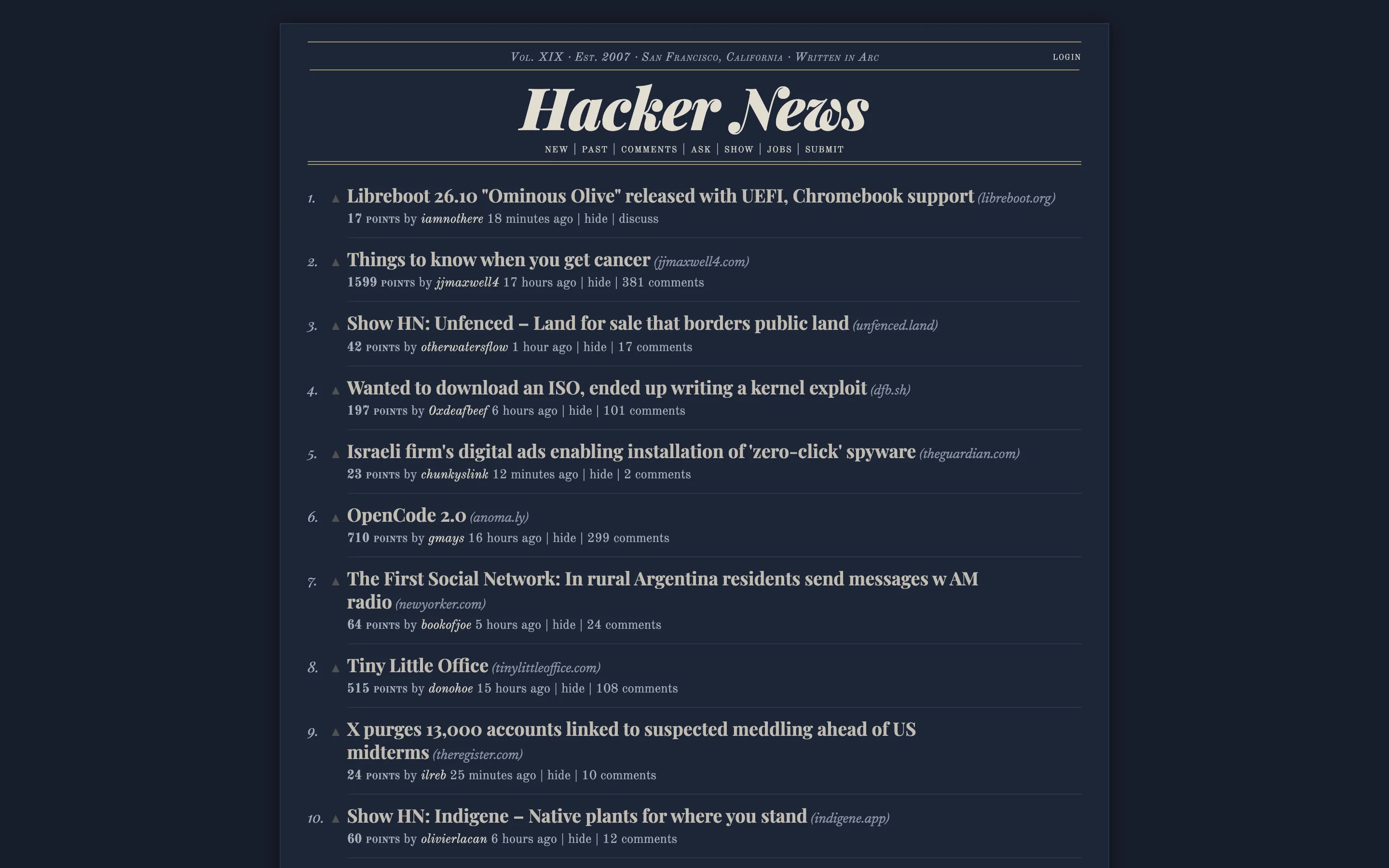Hacker News restyled with Stylebot: Newspaper Dark