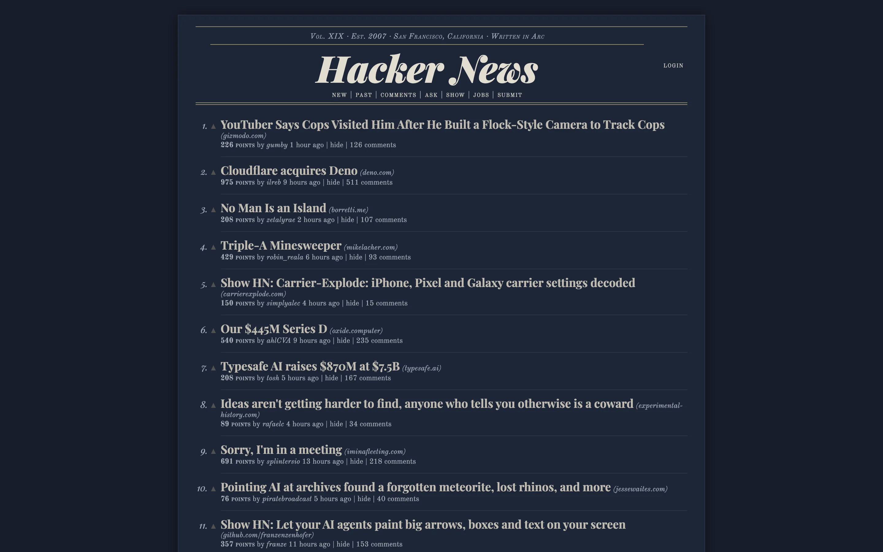 Hacker News restyled with Stylebot: Newspaper Dark