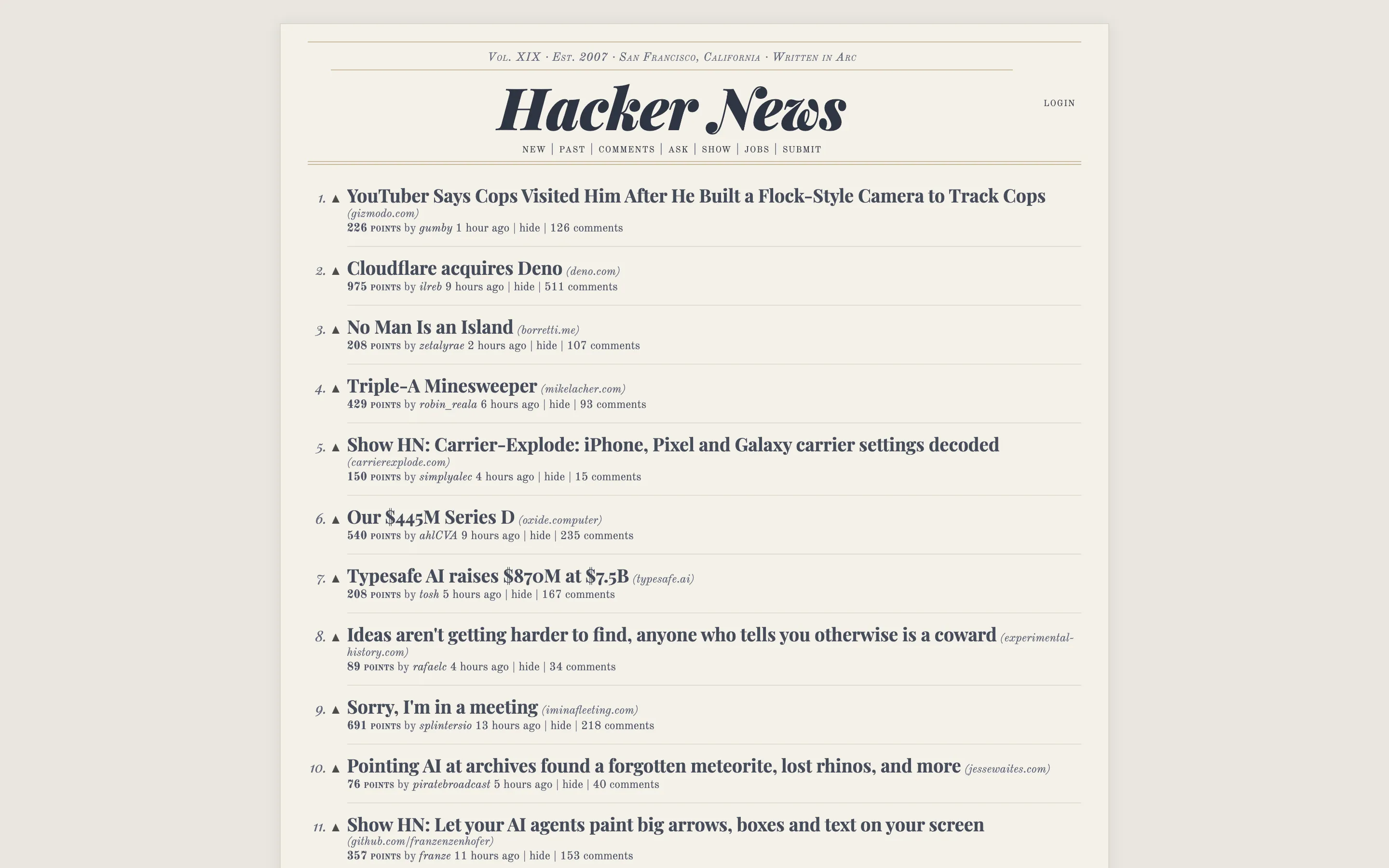 Hacker News restyled with Stylebot: Newspaper