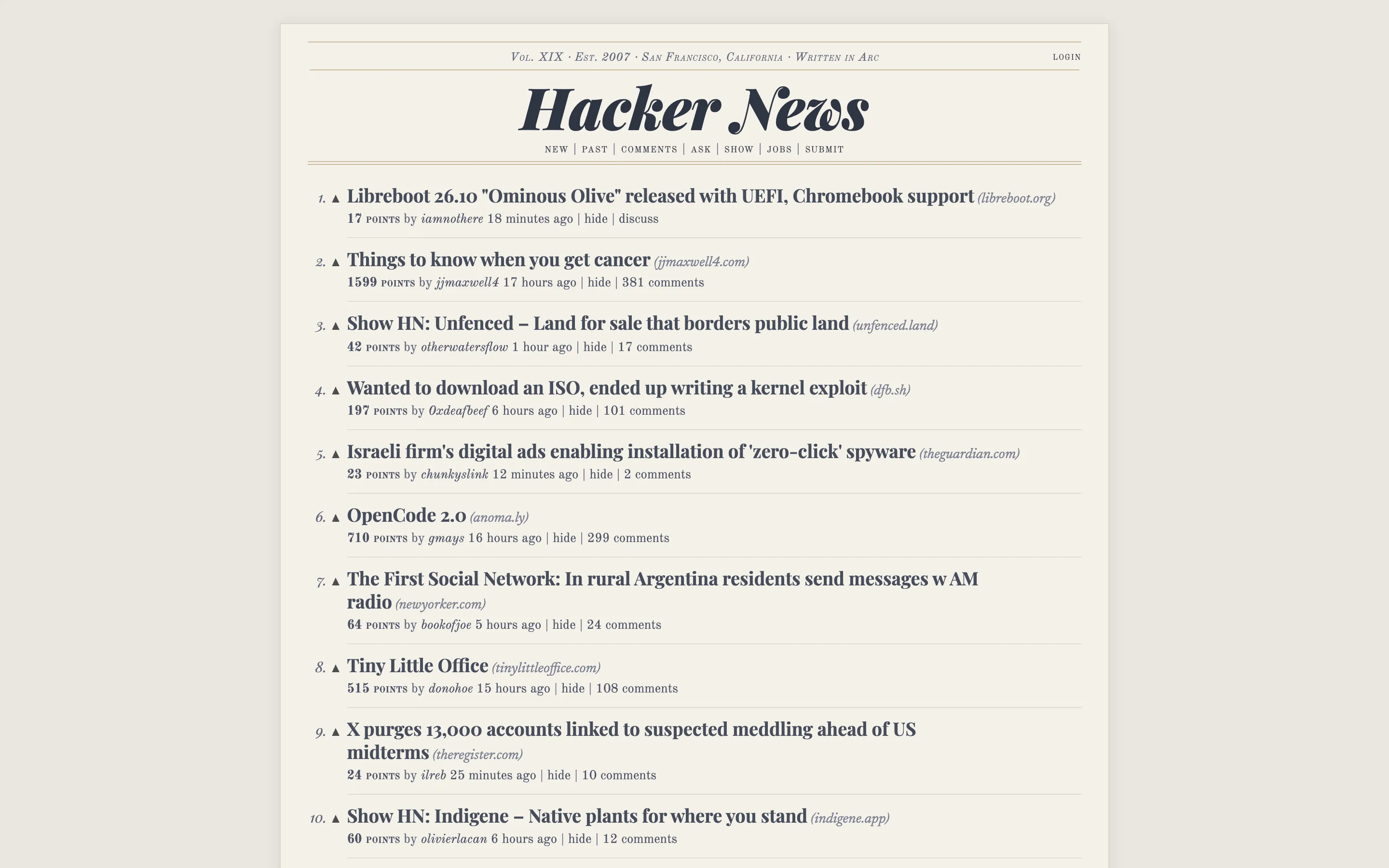 Hacker News restyled with Stylebot: Newspaper