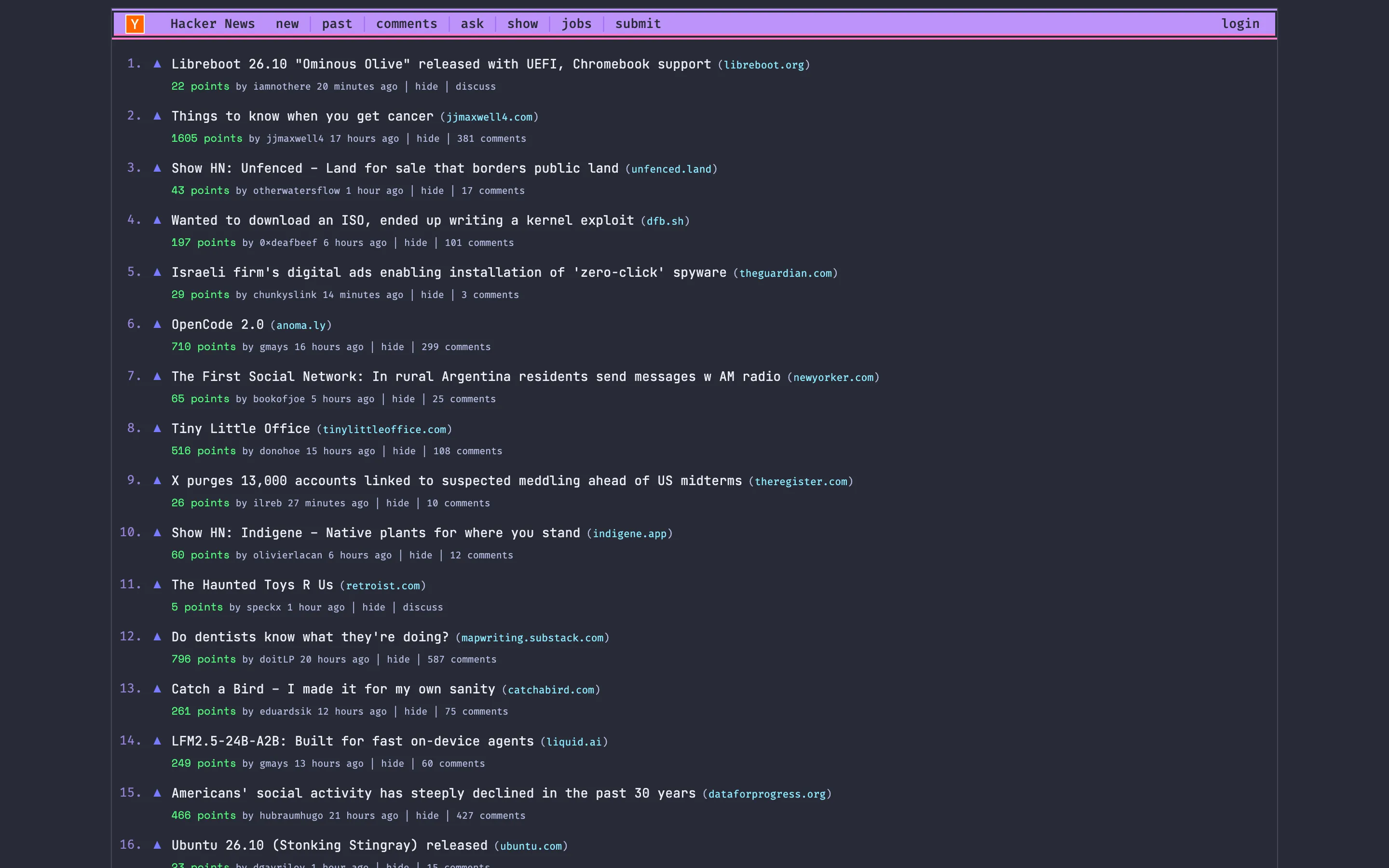 Hacker News restyled with Stylebot: Night Shift