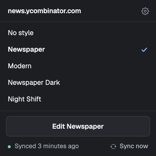 The popup on Hacker News with four profiles: Violet Hour, Everforest, Hearth and Newspaper