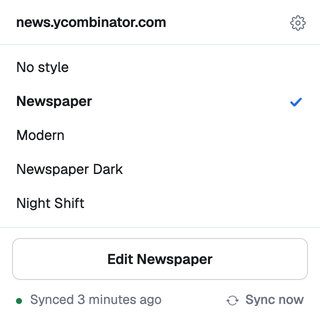 The popup on Hacker News with four profiles: Violet Hour, Everforest, Hearth and Newspaper