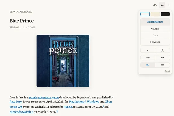 Readability mode's new inline theme and typography controls