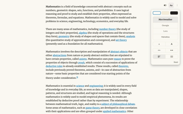 The Wikipedia article on Mathematics in the Readability view, with Reading settings open