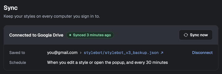 Options, connected to Google Drive and synced