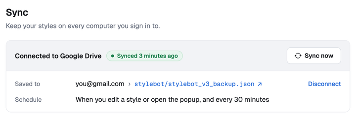 Options, connected to Google Drive and synced